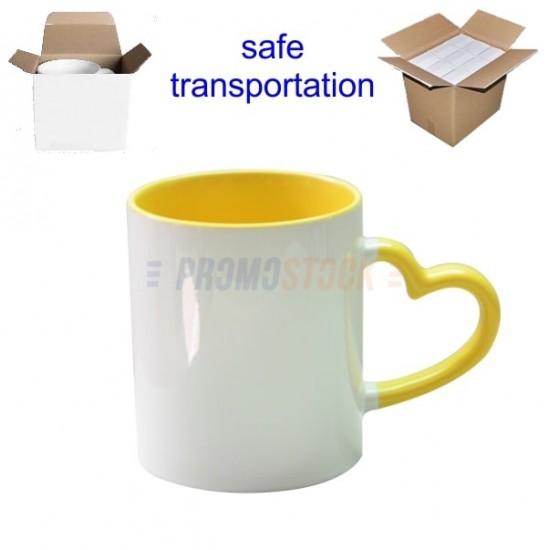 11oz Sublimation Heart Shaped Handle Yellow Ceramic Coffee Mug With Individual Gift Box (320 ml)