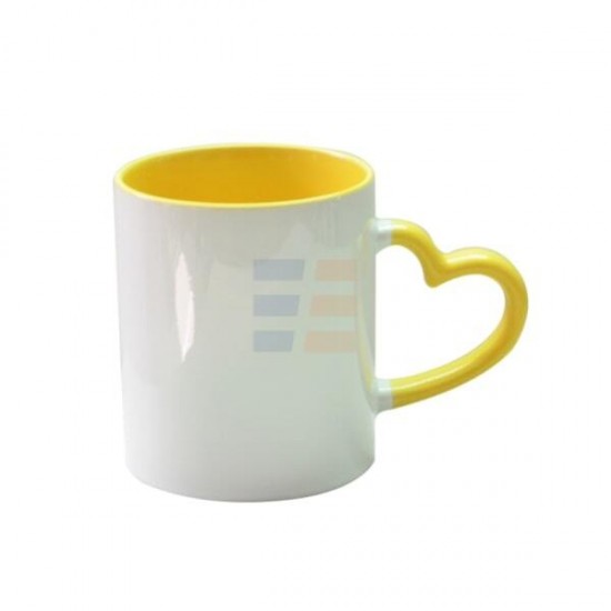 11oz Sublimation Heart Shaped Handle Yellow Ceramic Coffee Mug With Individual Gift Box (320 ml)