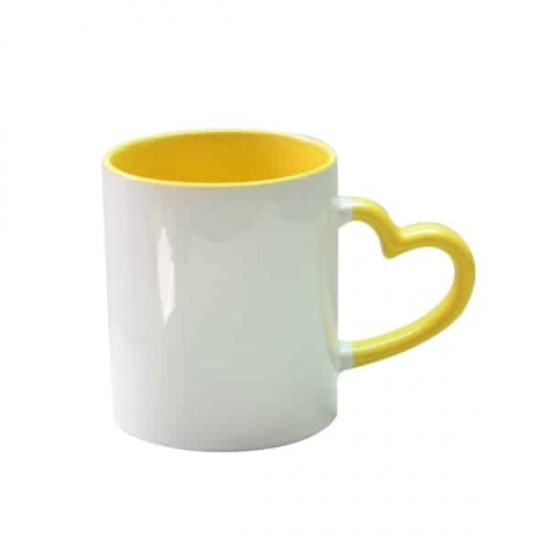 11oz Sublimation Heart Shaped Handle Yellow Ceramic Coffee Mug With Individual Gift Box (320 ml)